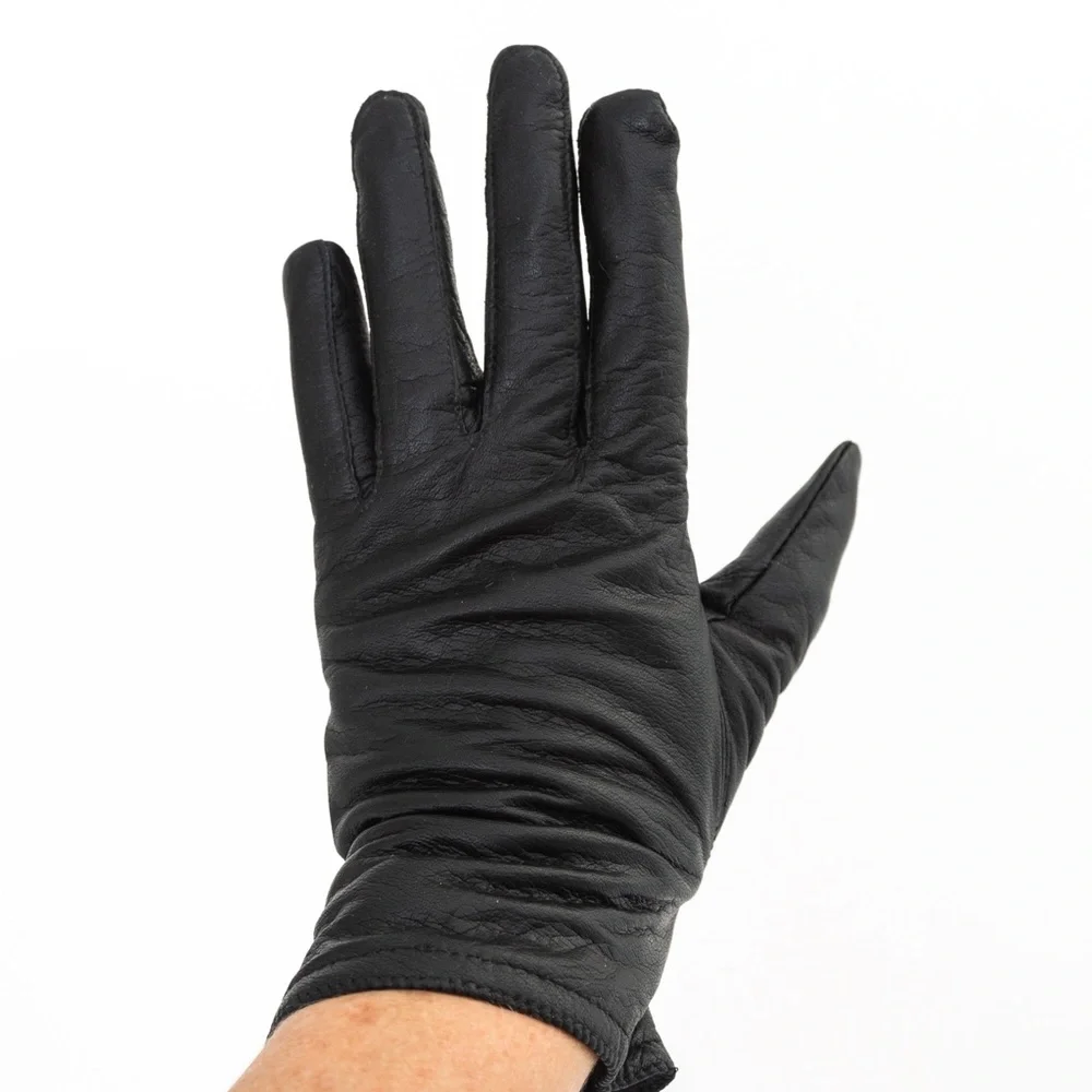 Vintage black leather winter gloves acrylic lining M